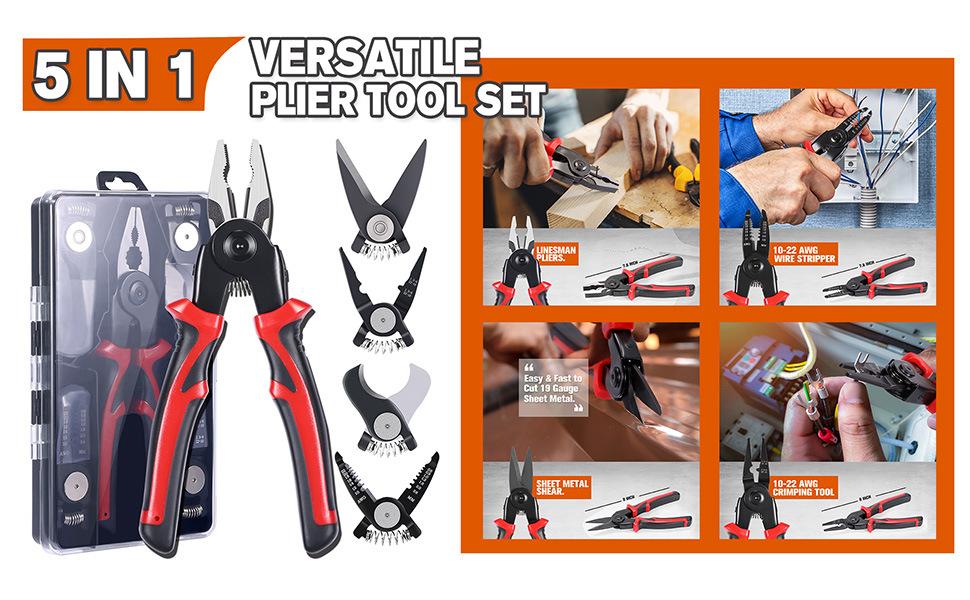 5 in 1 Plier Tool Set High Carbon Steel Wire Cutters Wire Strippers Needle Nose Pliers Long Range Durable Suitable
