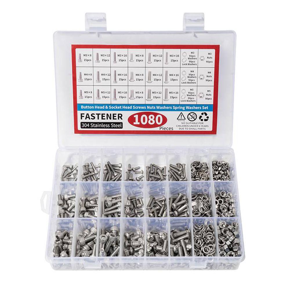 1080pcs Nuts And Bolts Assortment Kit M3 M4 M5 M6 Screw Set Button Head & Socket Head Metric Screws 304 Stainless Steel Nut & Bolt Assortment Sets