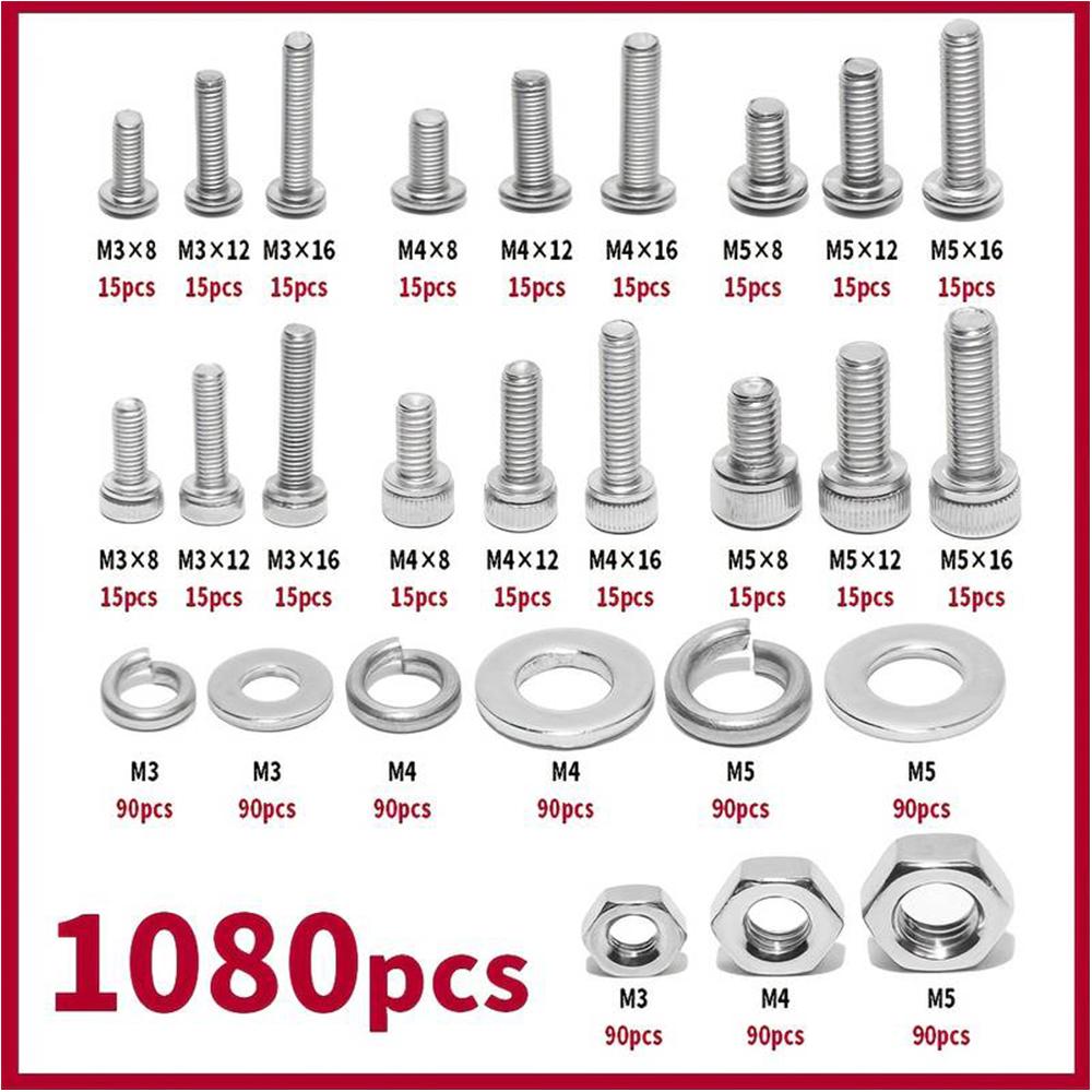 1080pcs Nuts And Bolts Assortment Kit M3 M4 M5 M6 Screw Set Button Head & Socket Head Metric Screws 304 Stainless Steel Nut & Bolt Assortment Sets