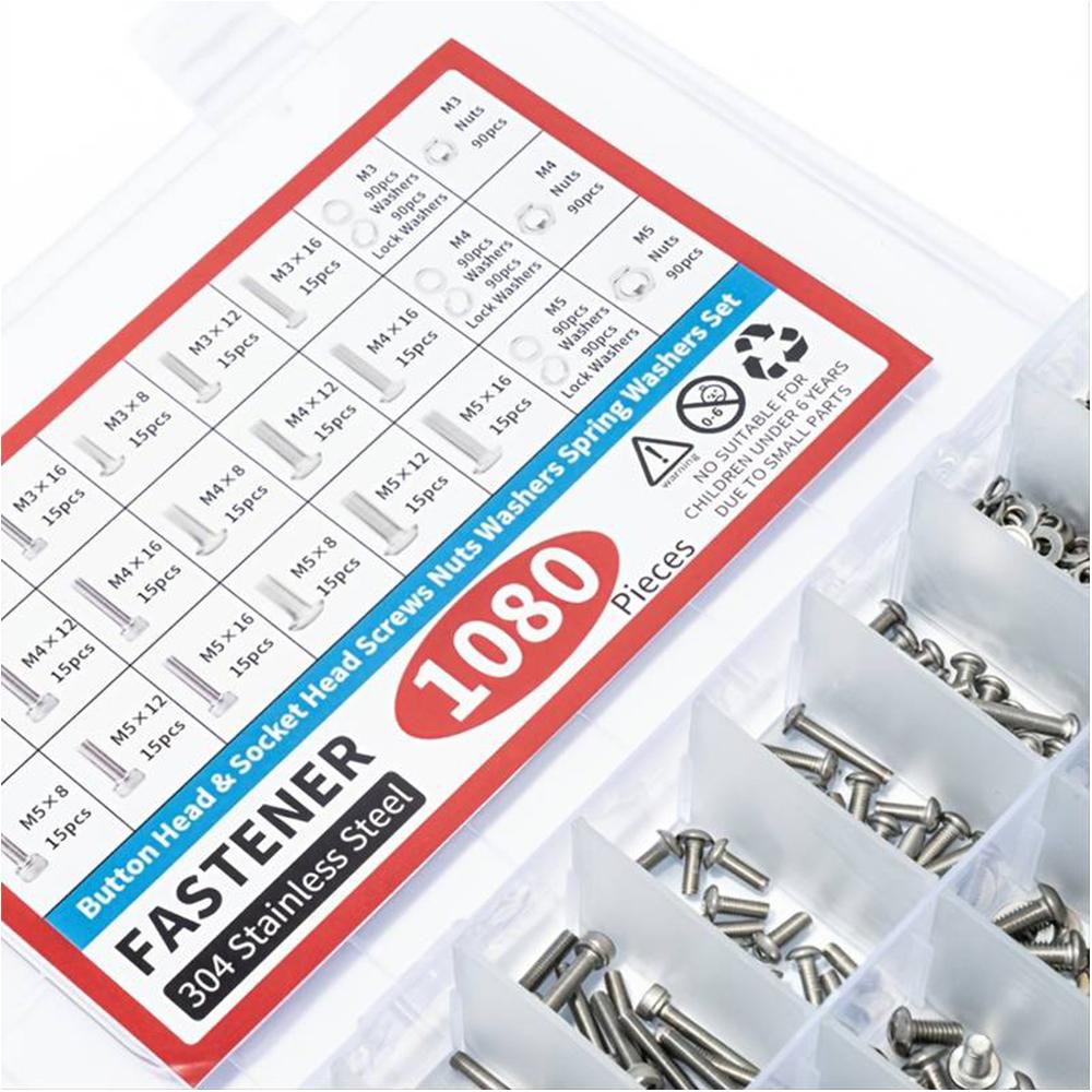 1080pcs Nuts And Bolts Assortment Kit M3 M4 M5 M6 Screw Set Button Head & Socket Head Metric Screws 304 Stainless Steel Nut & Bolt Assortment Sets