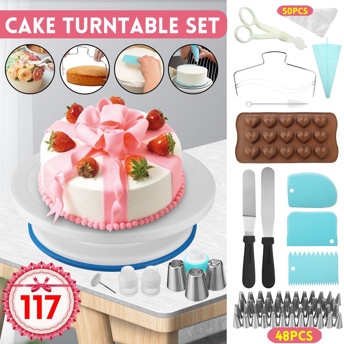 117Pcs Cake Decorating Tool Kit Baking Fondant Supplies Turntable Bag Tip Spatula