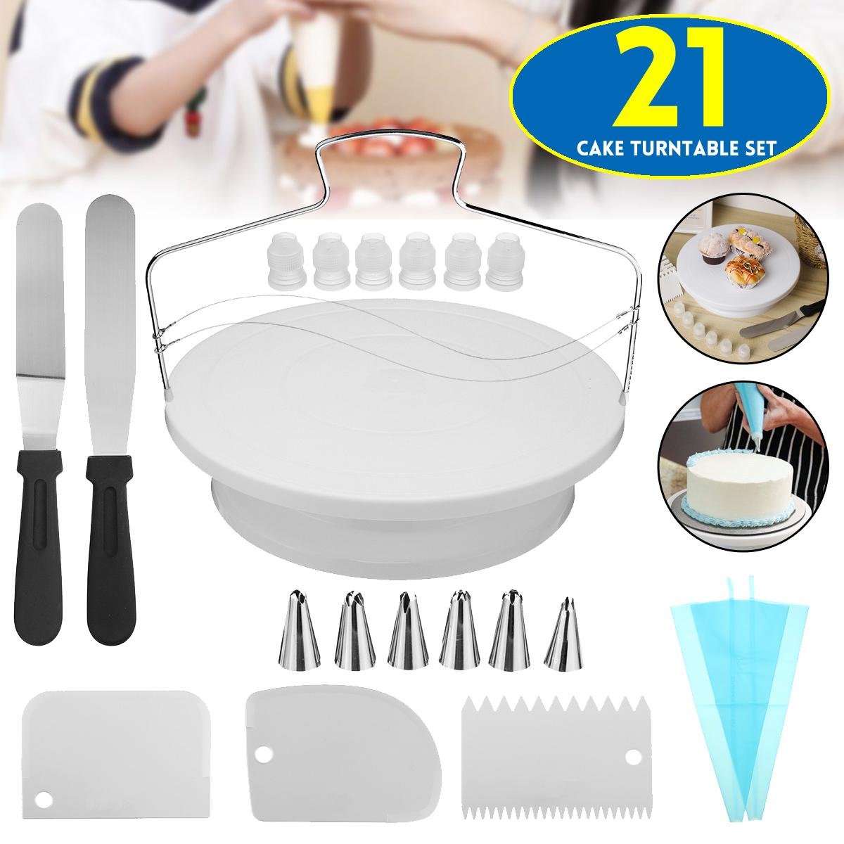 21pcs Cake Decorating Tool Kit Baking Fondant Supplies Turntable Bag Tip Spatula