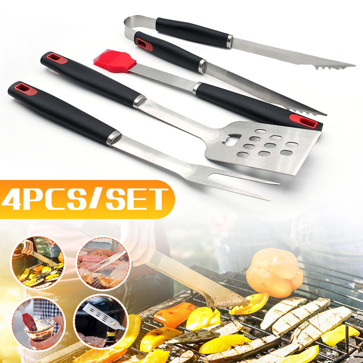 4PCS BBQ Stainless Steel Barbecue Utensils Kit Outdoor Grill Tools Brush Tong Tools Kit
