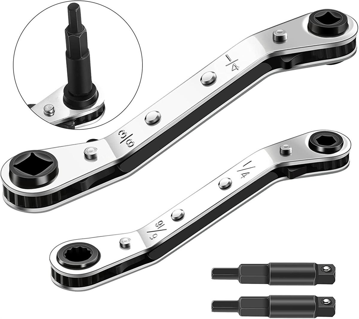Service Wrench Tool 3/16 to 3/8 5/16 x 1/4Air Conditioner Valve Ratchet Wrench with 2 Hexagon Bit Adapter Kit