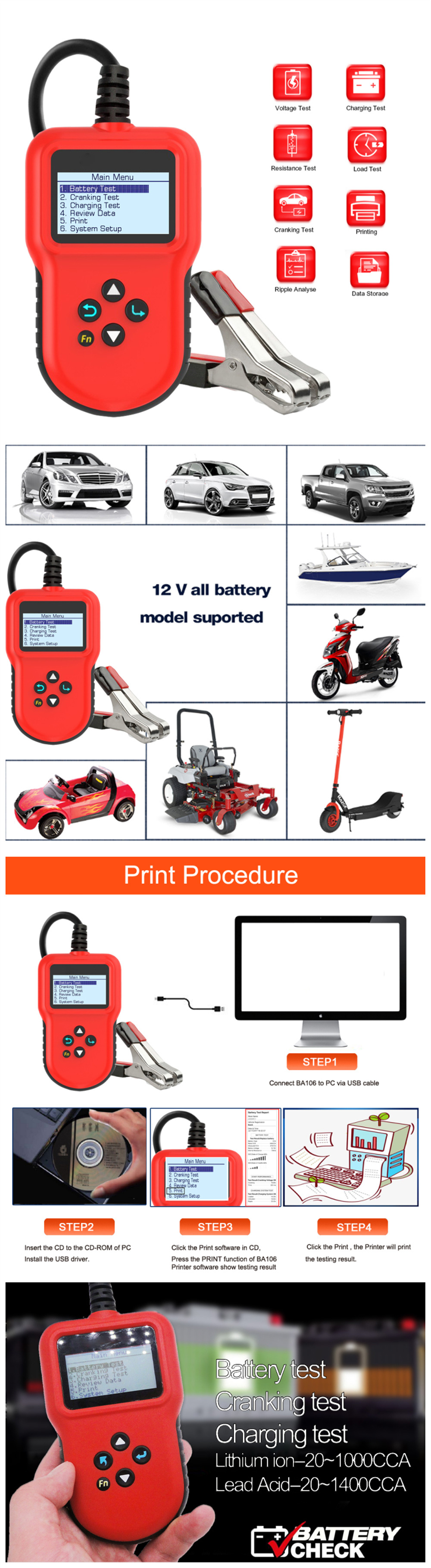 Battery Tester Machine   BA106  Lithium Battery Tester  for All Cars
