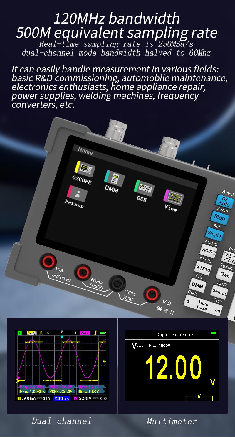 3 in1 Digital Oscilloscope Multimeter Signal Generator 120MHz IPS Display Dual Channel FFT Zoom Mode Portable Testing Tool