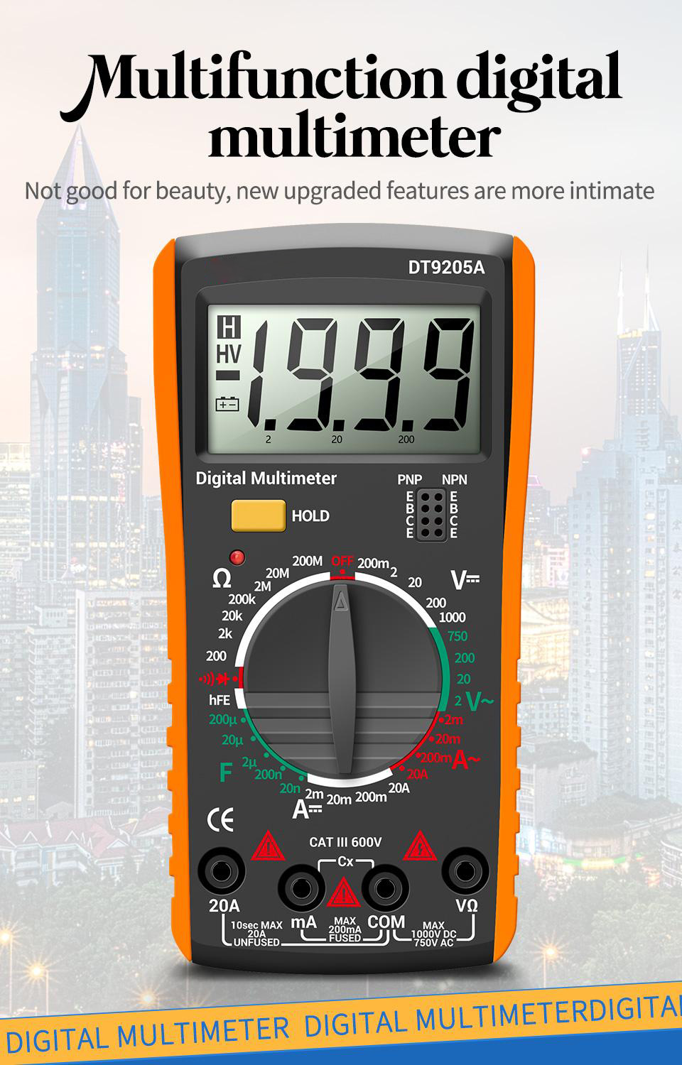 Socoje DT9205A Newly HD Digital True RMS Professional Multimeter Auto AC/DC Voltage Current Tester Buzzer Electrical Multimetro
