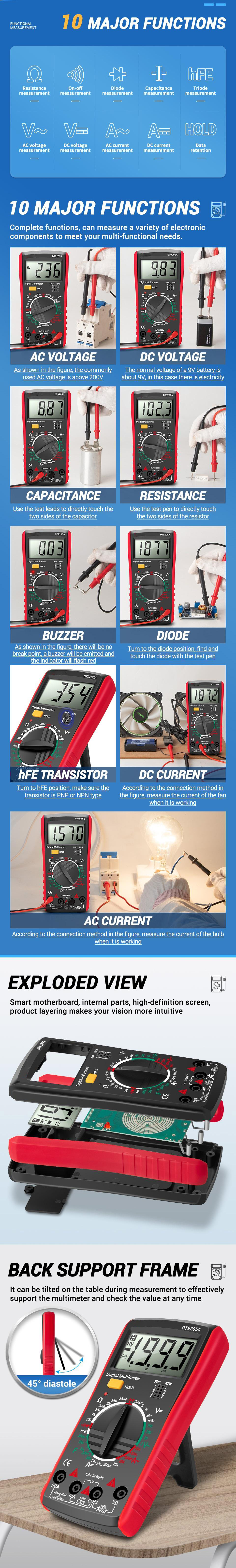 Socoje DT9205A Newly HD Digital True RMS Professional Multimeter Auto AC/DC Voltage Current Tester Buzzer Electrical Multimetro