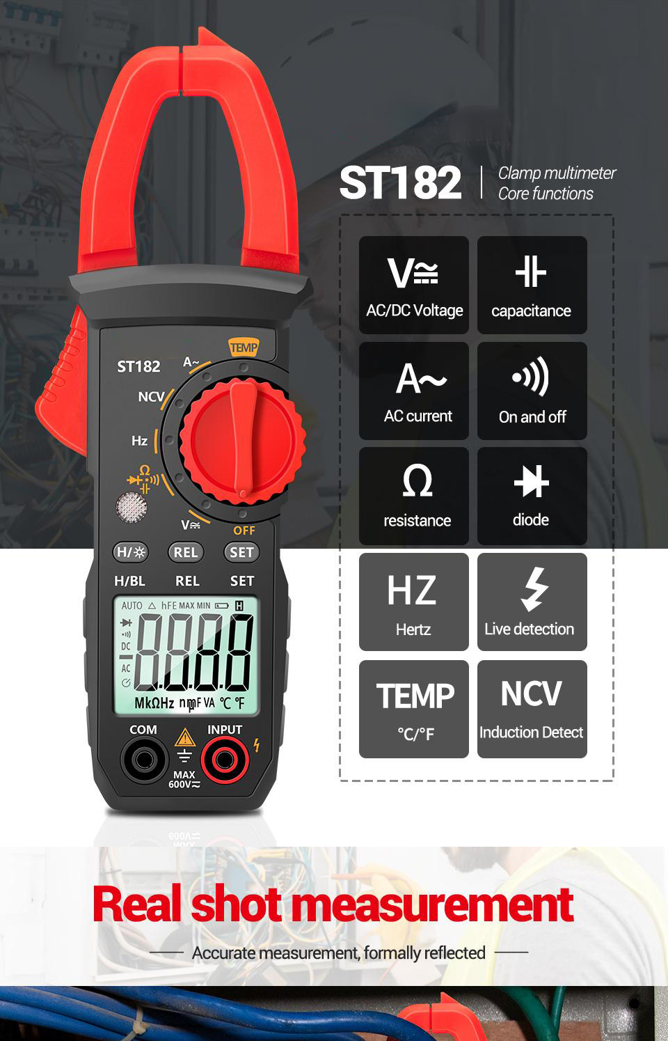 Socoje ST182 Digital Clamp Meter DC/AC Voltage Tester Clamp Multimeter Hz Capacitance NCV Ohm Test