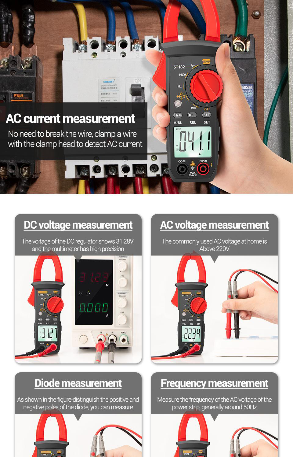 Socoje ST182 Digital Clamp Meter DC/AC Voltage Tester Clamp Multimeter Hz Capacitance NCV Ohm Test