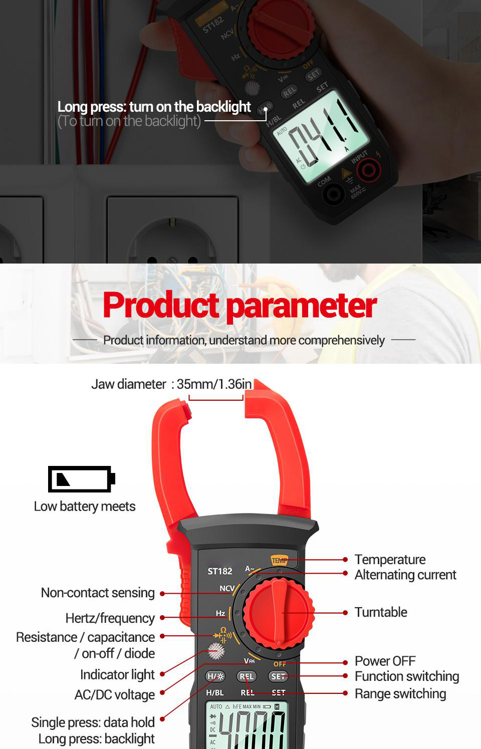 Socoje ST182 Digital Clamp Meter DC/AC Voltage Tester Clamp Multimeter Hz Capacitance NCV Ohm Test