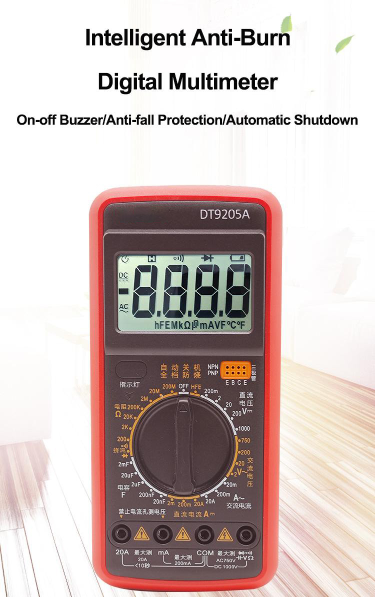 DT9205A Digital Multimeter with Intelligent Anti-burn Auto Power-off Wide Range Measurement Clear LCD Display and Robust Rubber Cover Protection
