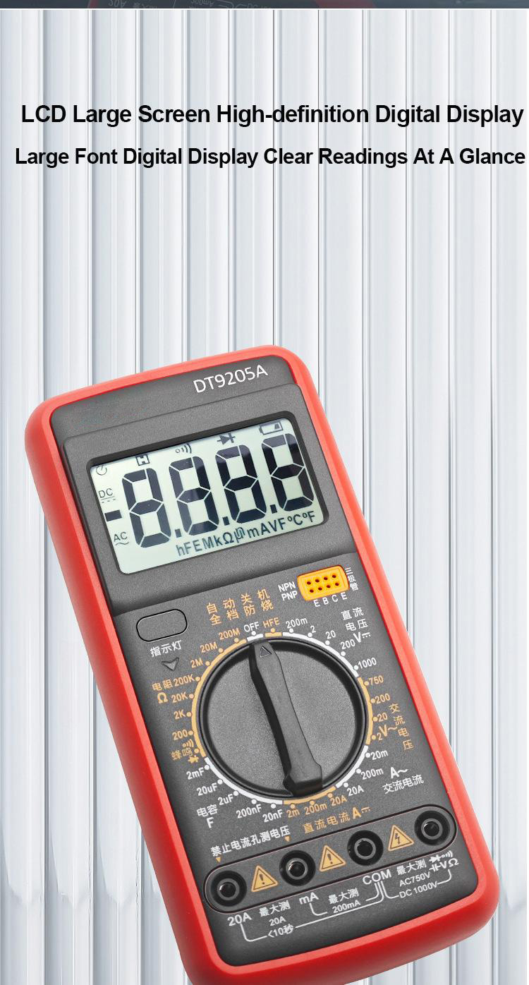 DT9205A Digital Multimeter with Intelligent Anti-burn Auto Power-off Wide Range Measurement Clear LCD Display and Robust Rubber Cover Protection