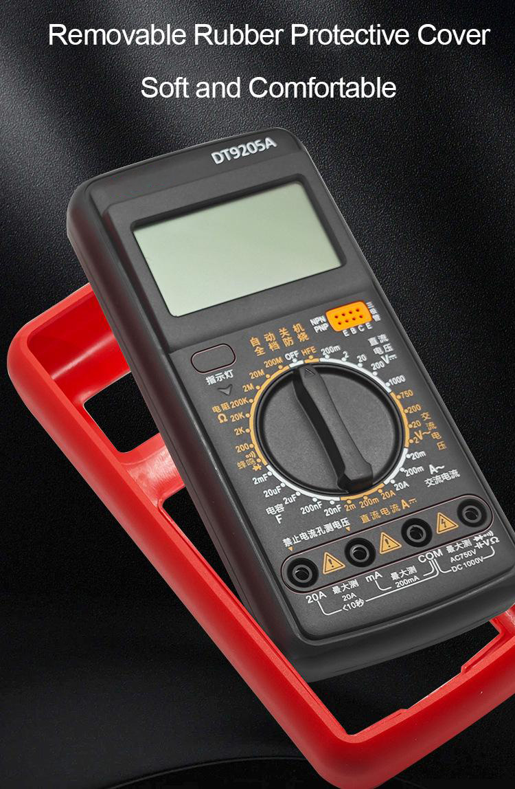 DT9205A Digital Multimeter with Intelligent Anti-burn Auto Power-off Wide Range Measurement Clear LCD Display and Robust Rubber Cover Protection