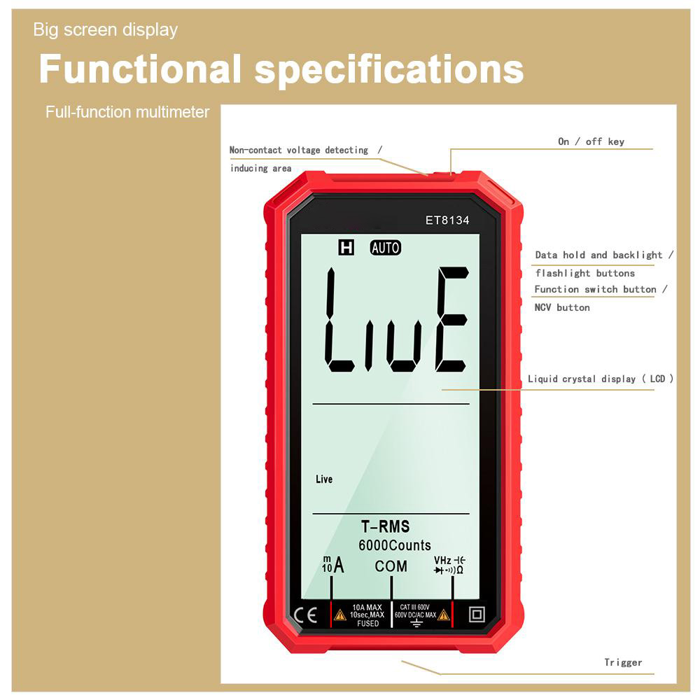 ET8134 4.7-inch Large LCD Screen Smart True RMS Digital Multimeter Automatic + Manual Measure Resistance Diode Capacitance Temperature Frequency Test