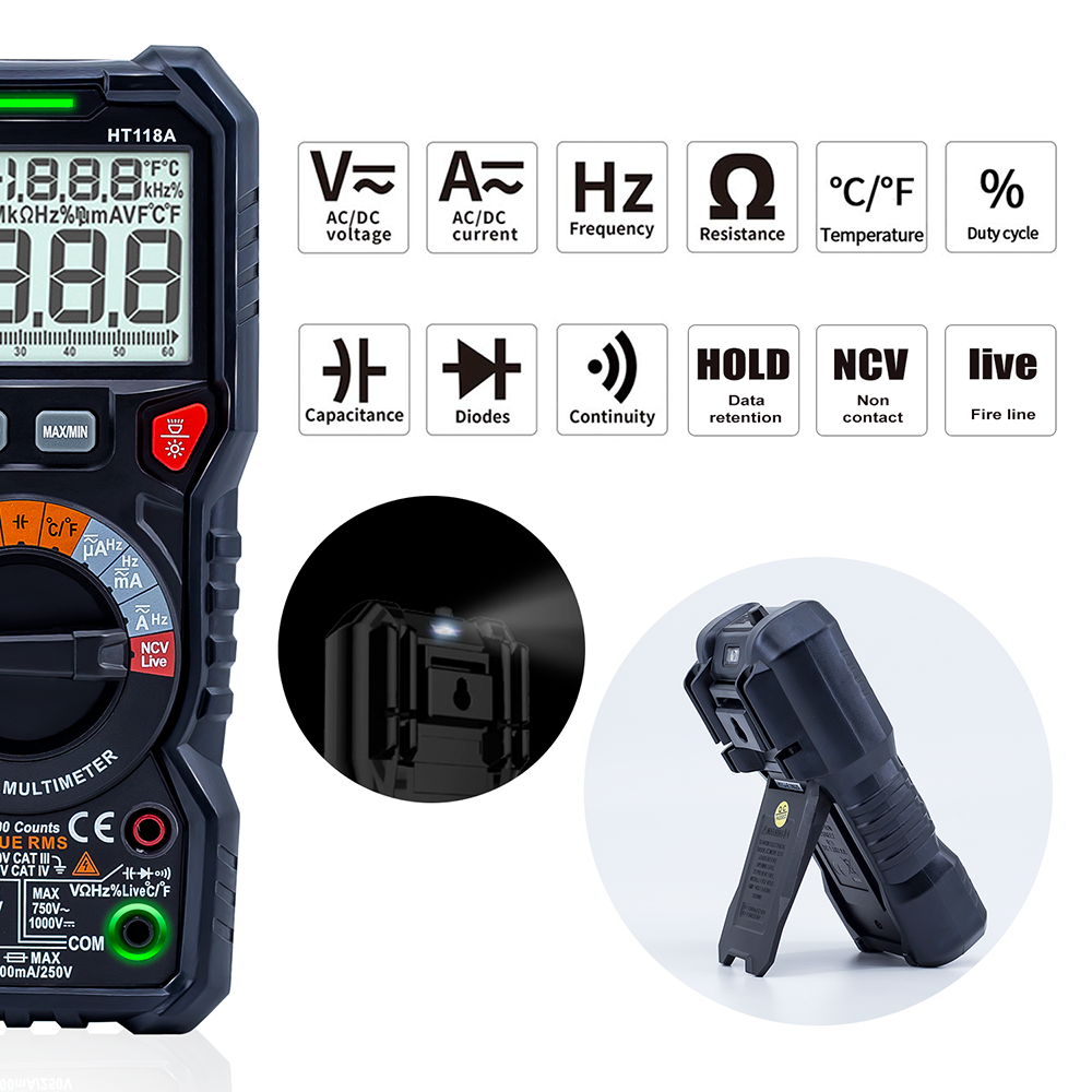HT118A Digital AC/DC Multimeter TRMS 6000 Counts True RMS with Flashlight and Safety Features