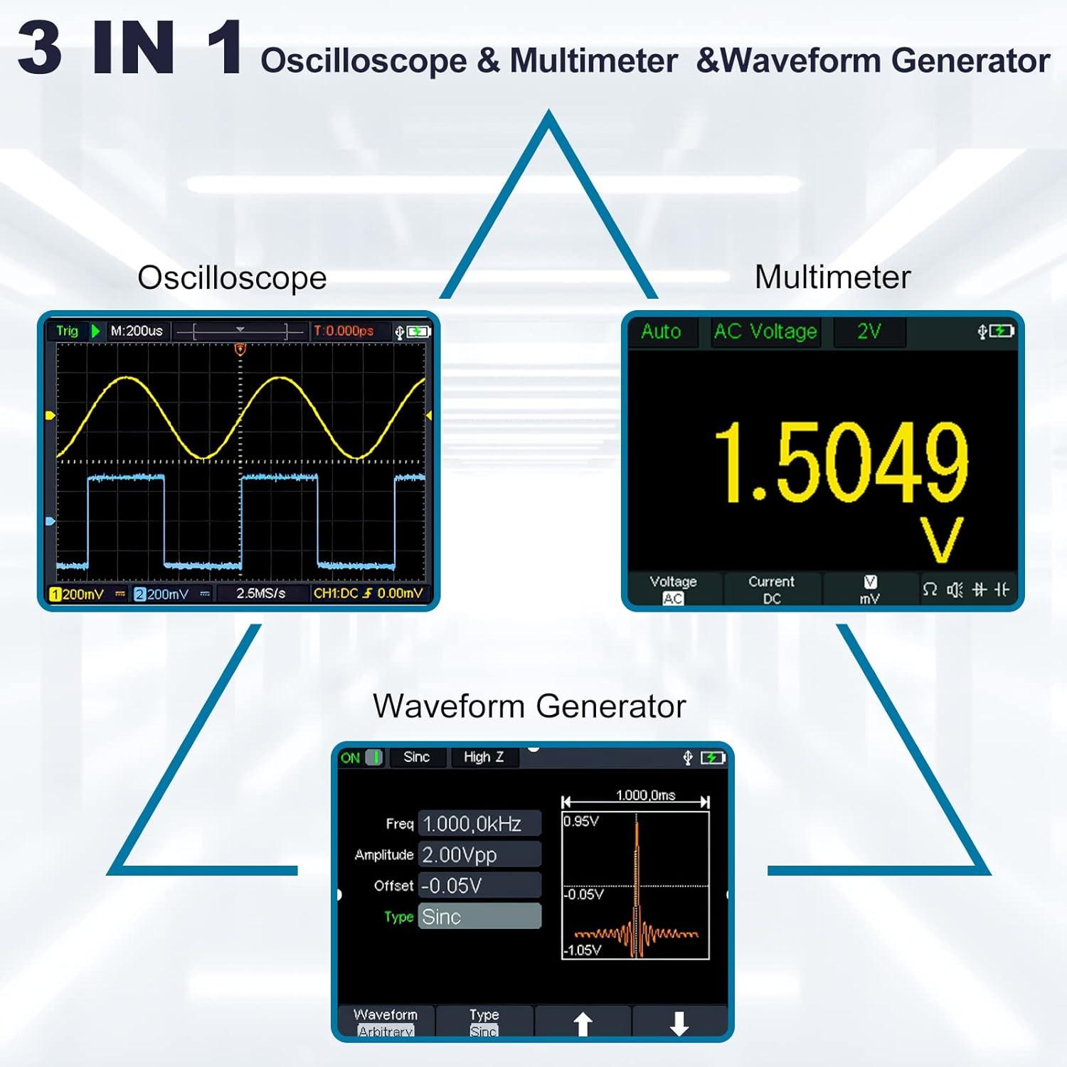 100MHZ HO102/HO102S 3-in-1 Handheld Oscilloscope Multimeter Waveform Generator 10,000wfms/s 3.5 TFT USB Type-C