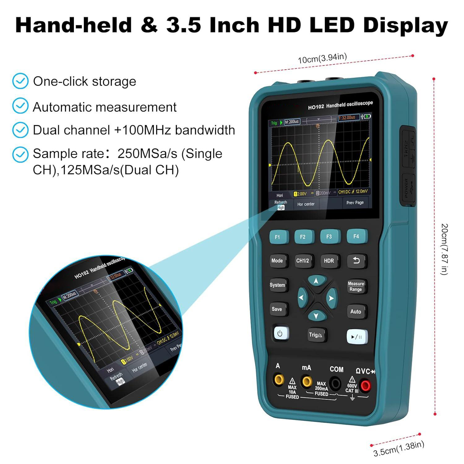 100MHZ HO102/HO102S 3-in-1 Handheld Oscilloscope Multimeter Waveform Generator 10,000wfms/s 3.5 TFT USB Type-C
