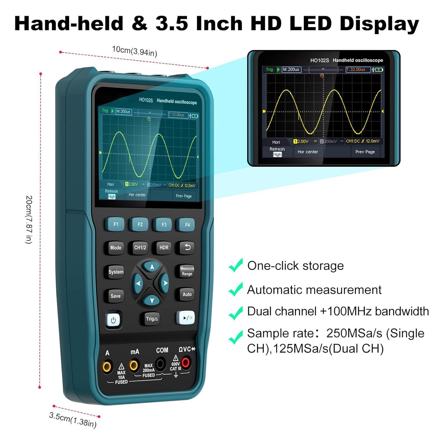 100MHZ HO102/HO102S 3-in-1 Handheld Oscilloscope Multimeter Waveform Generator 10,000wfms/s 3.5 TFT USB Type-C