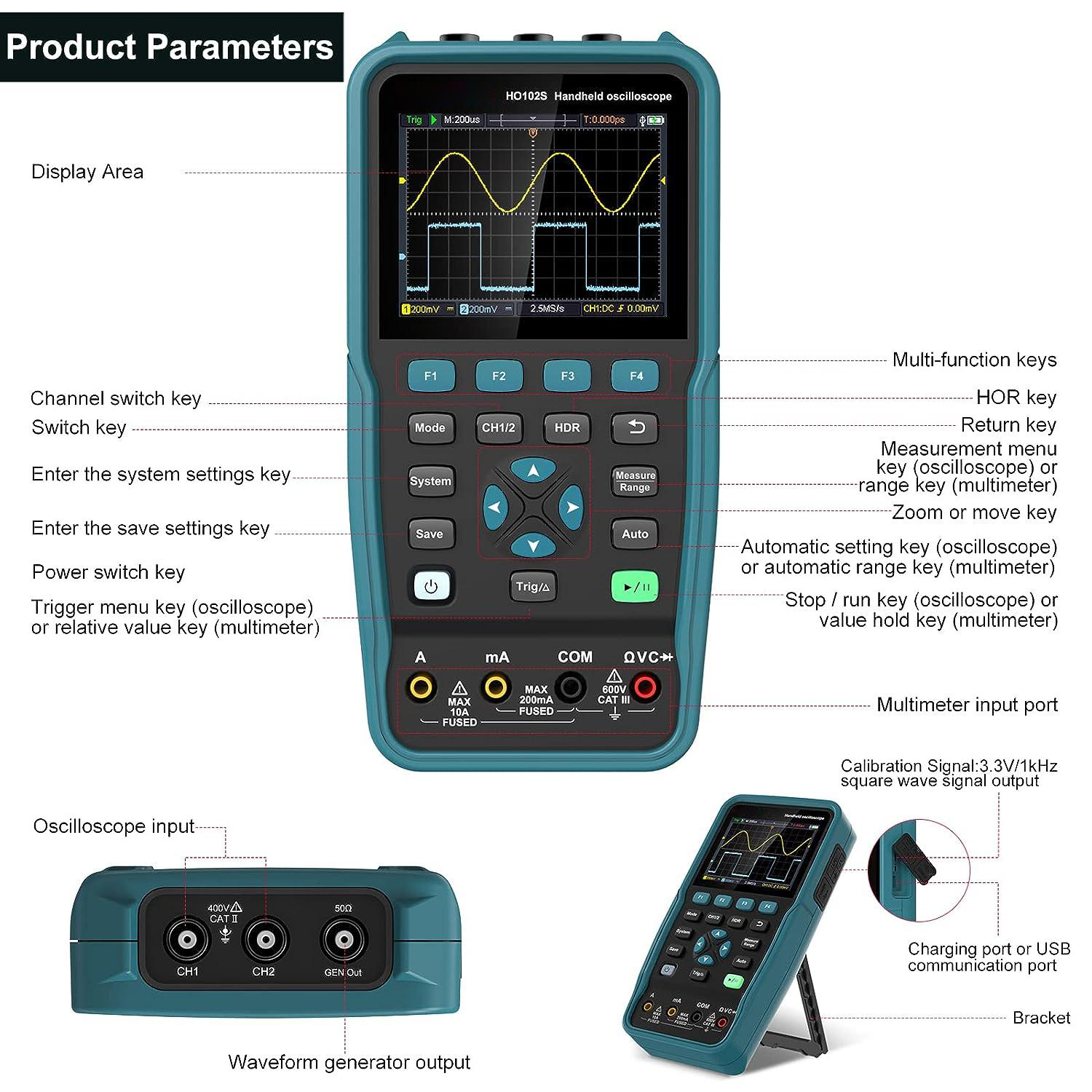 100MHZ HO102/HO102S 3-in-1 Handheld Oscilloscope Multimeter Waveform Generator 10,000wfms/s 3.5 TFT USB Type-C