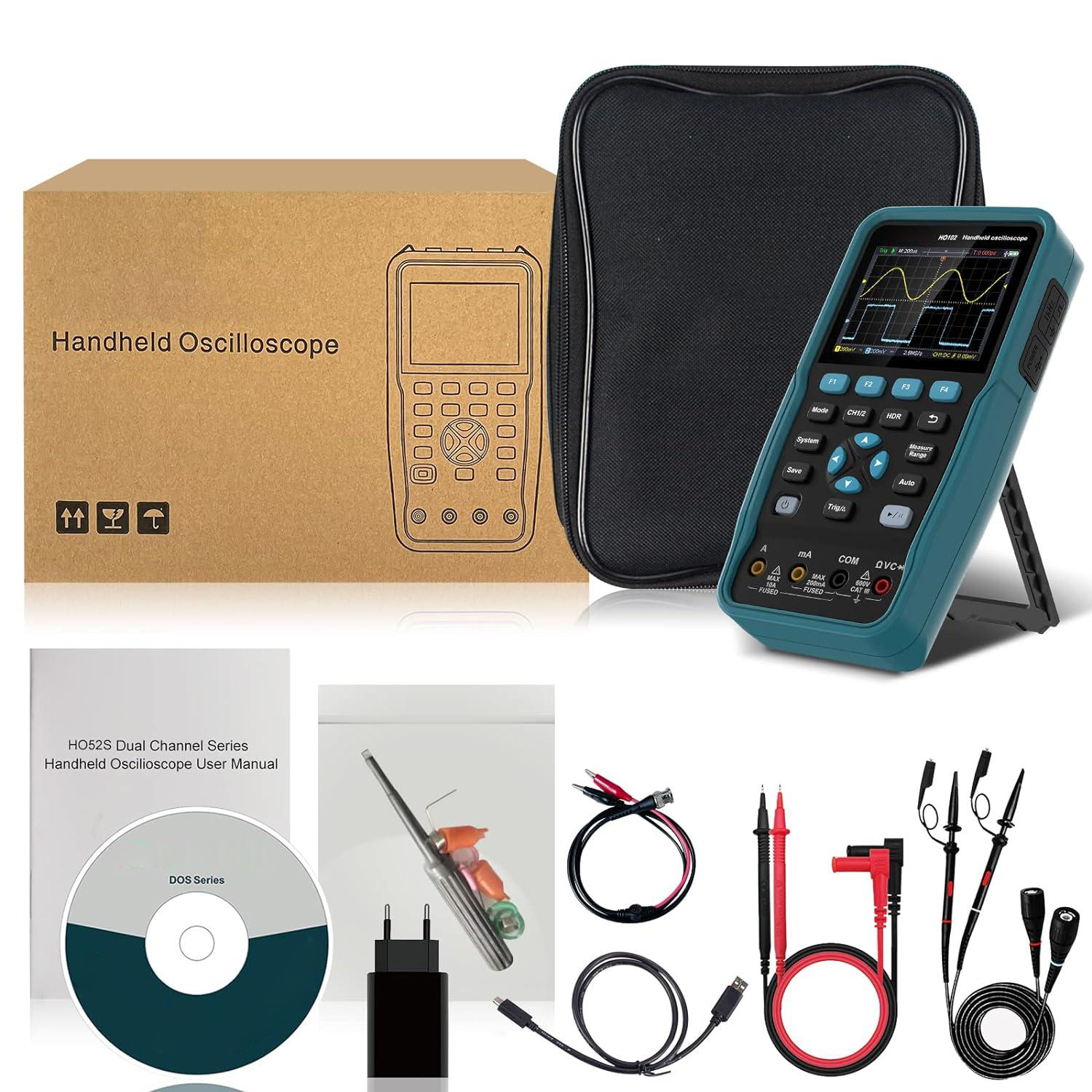 100MHZ HO102/HO102S 3-in-1 Handheld Oscilloscope Multimeter Waveform Generator 10,000wfms/s 3.5 TFT USB Type-C