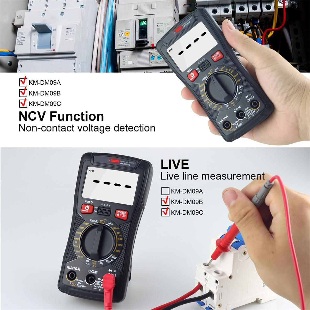 KM-DM09A/B/C Digital Multimeter High Precision DC/AC Voltage Current Resistance Capacitance True RMS NCV Diode Test Best for Electronics