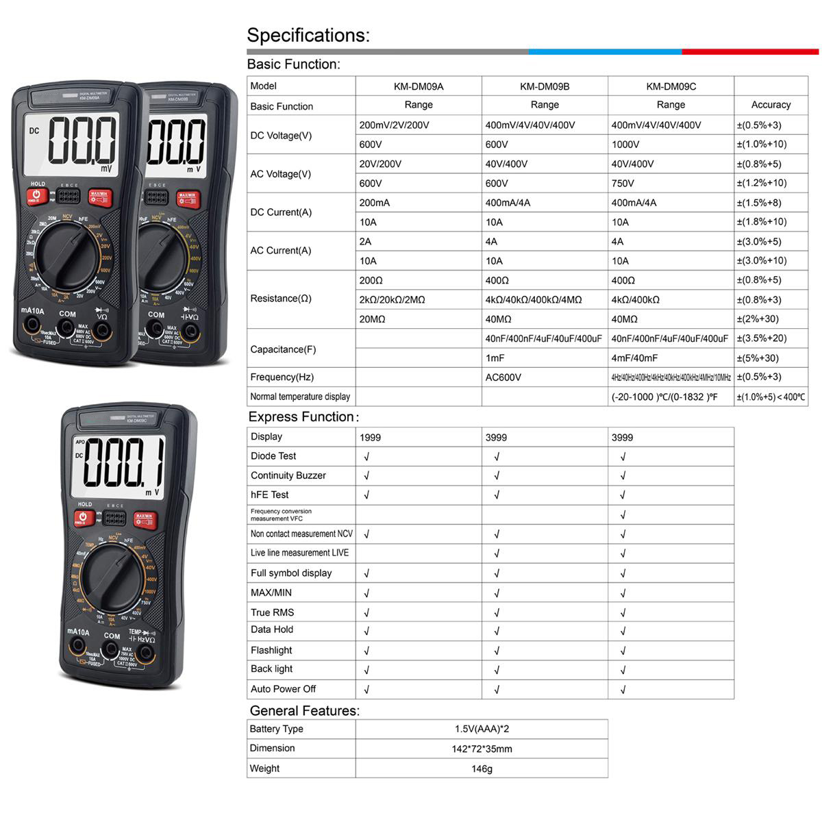 KM-DM09A/B/C Digital Multimeter High Precision DC/AC Voltage Current Resistance Capacitance True RMS NCV Diode Test Best for Electronics