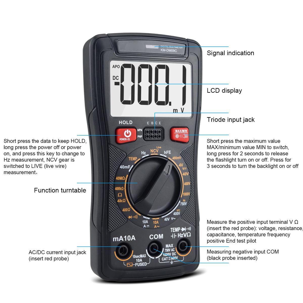 KM-DM09A/B/C Digital Multimeter High Precision DC/AC Voltage Current Resistance Capacitance True RMS NCV Diode Test Best for Electronics