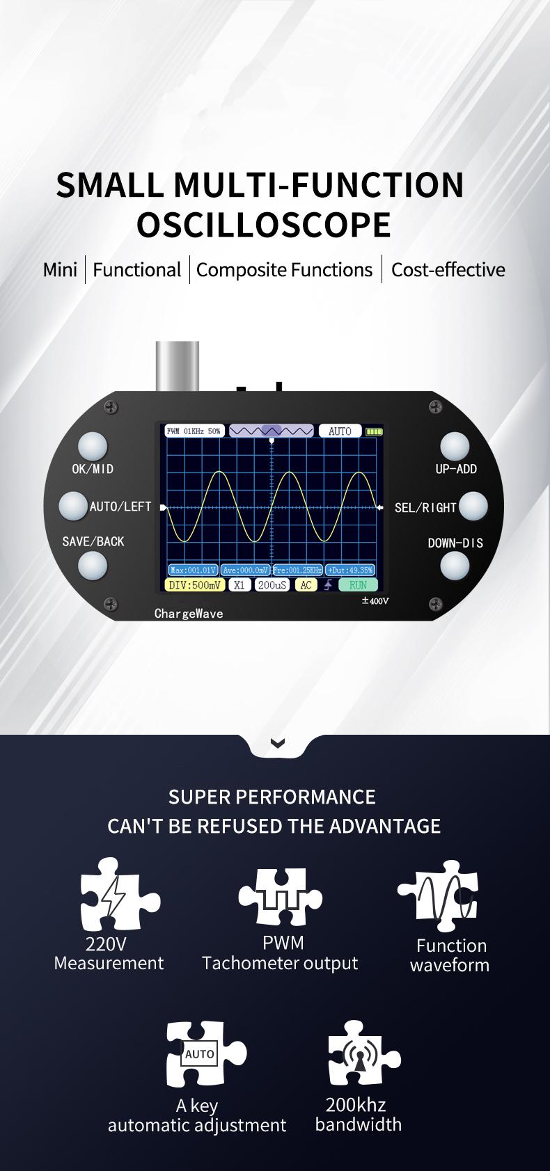 PDS138 Mini Digital Oscilloscope 2.5Mhz Sampling Rate 200Khz Bandwidth Support AUTO 80Khz PWM for Electronic Repair DIY