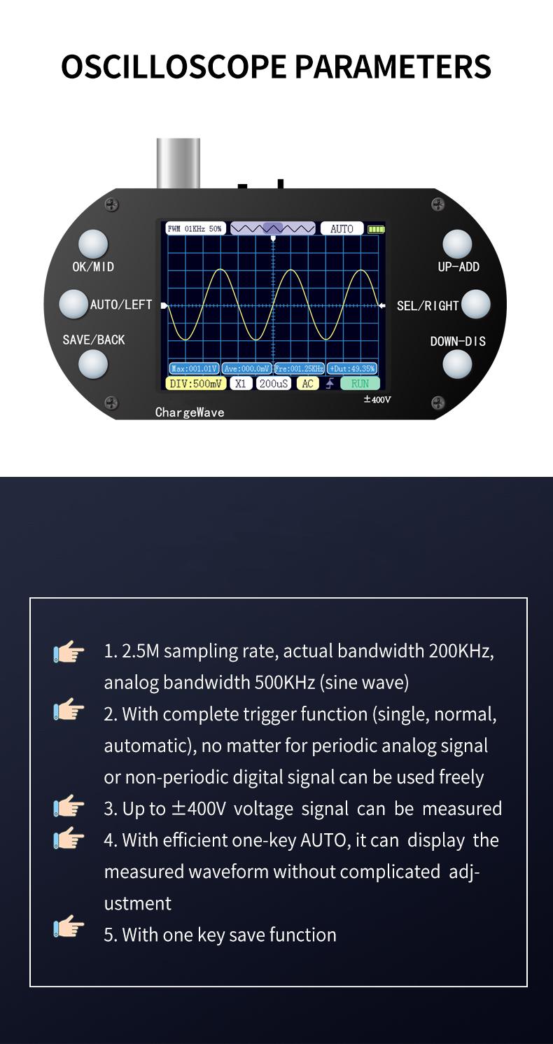 PDS138 Mini Digital Oscilloscope 2.5Mhz Sampling Rate 200Khz Bandwidth Support AUTO 80Khz PWM for Electronic Repair DIY