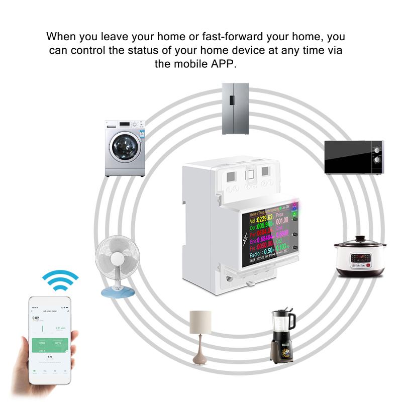 AT4PW 100A Tuya WIFI Din Rail Smart Switch Remote Control AC 220V 110V Digital Power Energy Volt Amp Kwh Frequency Factor Meter