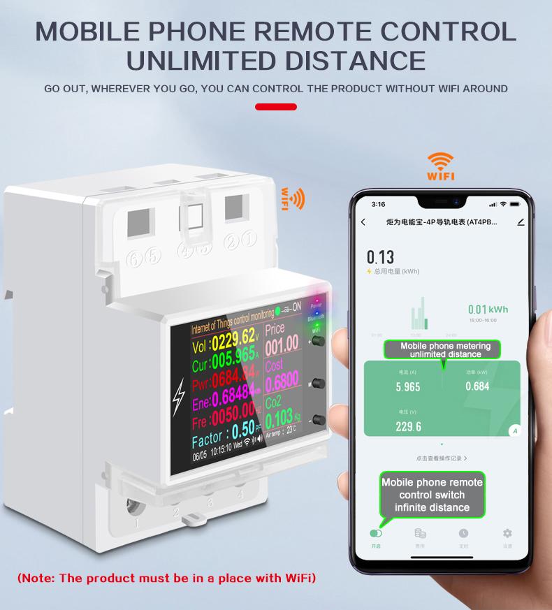 AT4PW 100A Tuya WIFI Din Rail Smart Switch Remote Control AC 220V 110V Digital Power Energy Volt Amp Kwh Frequency Factor Meter