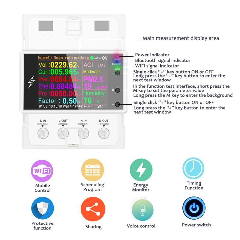 AT4PW 100A Tuya WIFI Din Rail Smart Switch Remote Control AC 220V 110V Digital Power Energy Volt Amp Kwh Frequency Factor Meter