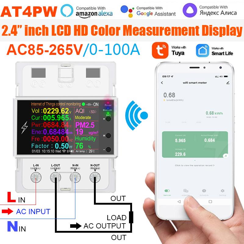 AT4PW 100A Tuya WIFI Din Rail Smart Switch Remote Control AC 220V 110V Digital Power Energy Volt Amp Kwh Frequency Factor Meter