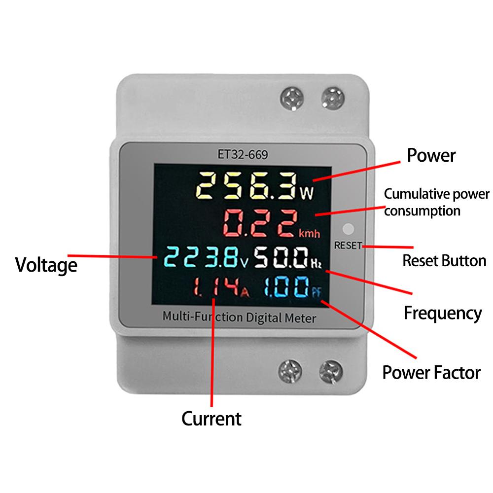 ET32-669 High Precision Professional Electrical Meter with Full-view LCD Screen Measures Voltage Current Power Frequency and Power Factor