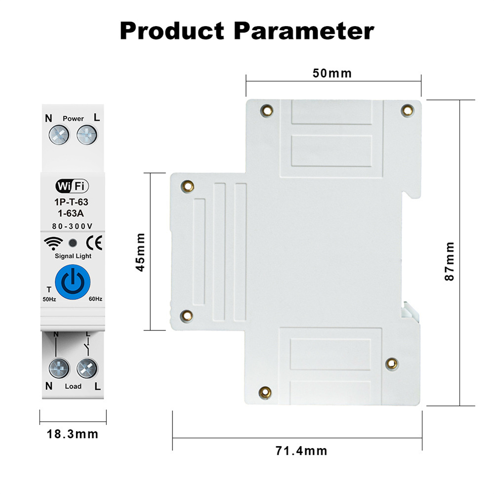 RMDZT-1PNL 63A Smart WiFi Circuit Breaker ON/OFF Timing Function Short Circuit Protection Voice Control Real-Time Electricity Consumption Tracking