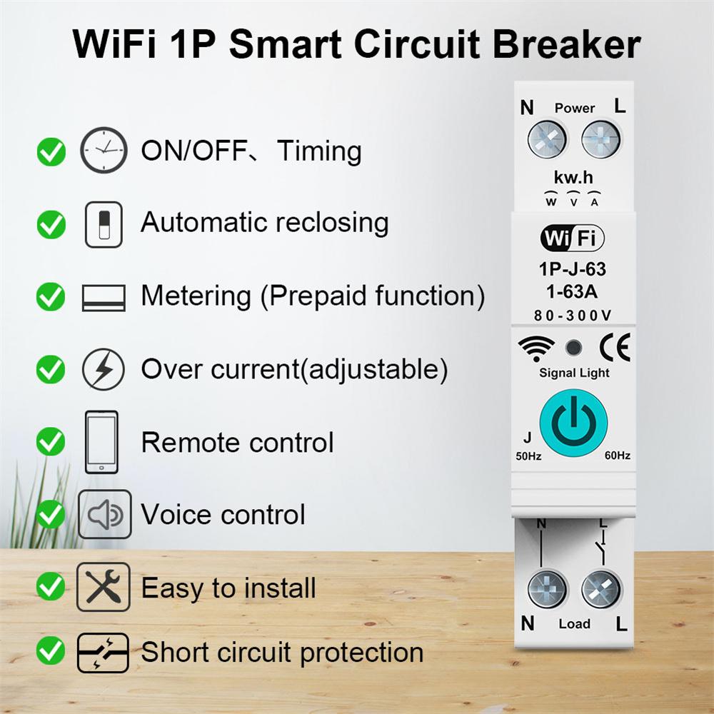 Smart WiFi Circuit Breaker with Remote Control Voice Activation Adjustable Over Current Protection Energy Metering Easy Installation