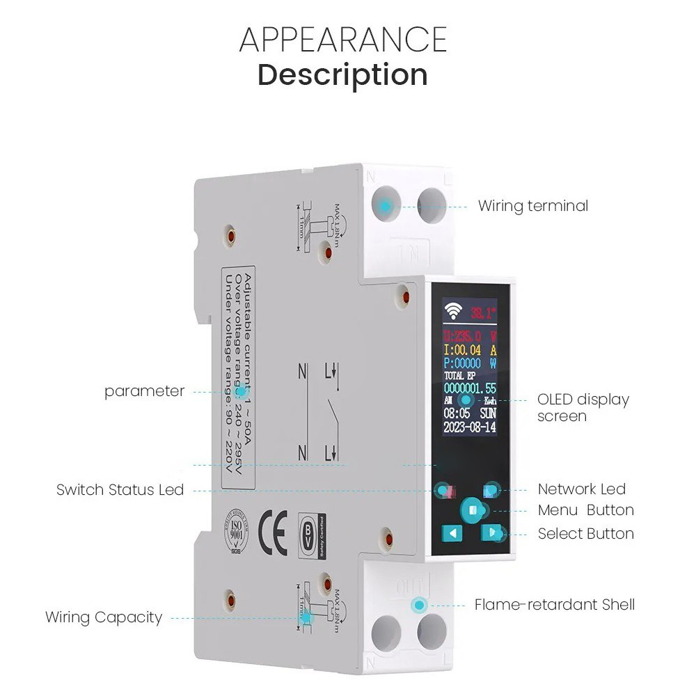 35mm DIN RAIL Switch Intelligent Meter Circuit Breaker LED Energy Meter KWh Power Timer Relay APP Control