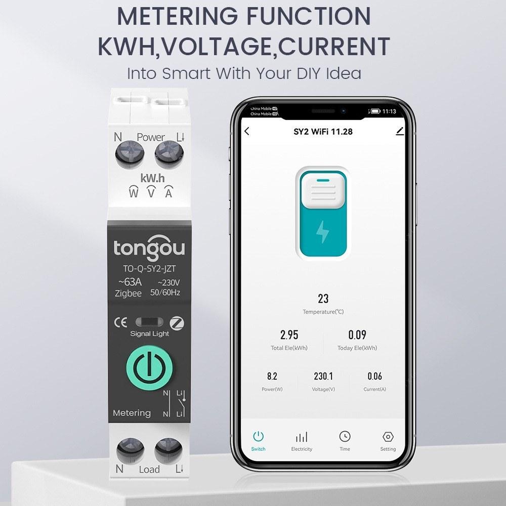 Tuya Intelligent Circuit Breaker with Metering 1P 63A DIN Rail Support 3 Timing Modes Multiple Safety Protecting APP Remote Control Compatible