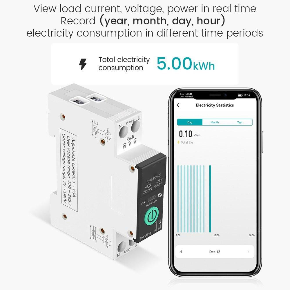 Tuya Intelligent Circuit Breaker with Metering 1P 63A DIN Rail Support 3 Timing Modes Multiple Safety Protecting APP Remote Control Compatible