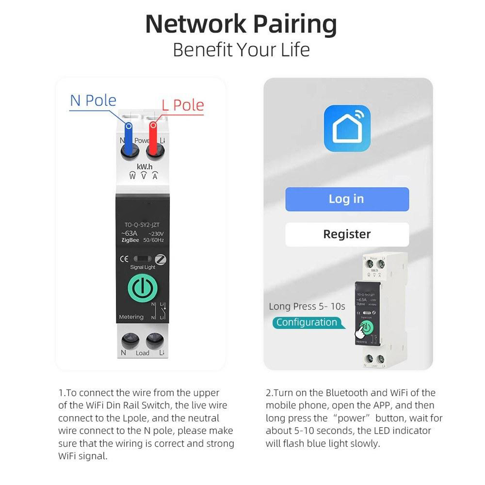 Tuya Intelligent Circuit Breaker with Metering 1P 63A DIN Rail Support 3 Timing Modes Multiple Safety Protecting APP Remote Control Compatible