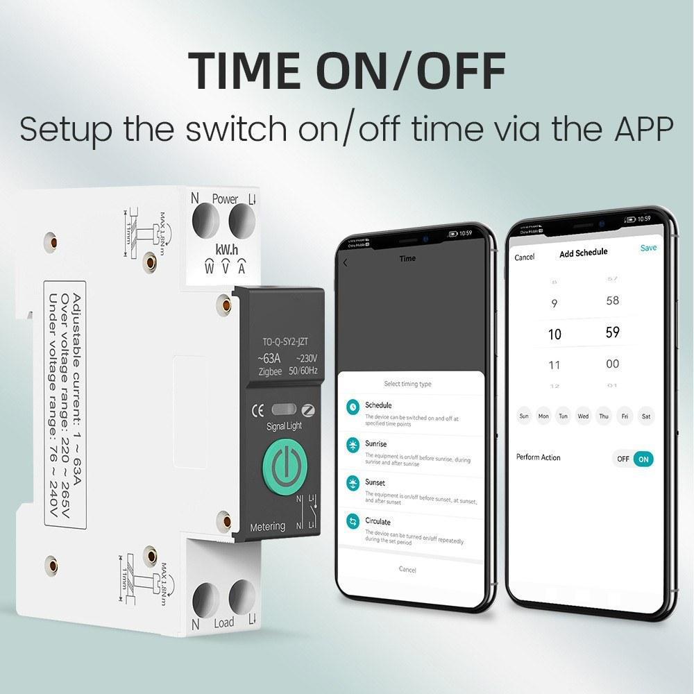 Tuya Intelligent Circuit Breaker with Metering 1P 63A DIN Rail Support 3 Timing Modes Multiple Safety Protecting APP Remote Control Compatible