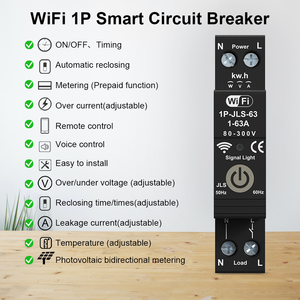 Intelligent Circuit Breaker 1P 63A Energy Monitor Real-time Tracking Energy Consumption with Alexa Google Assistant Compatibility Remote Control