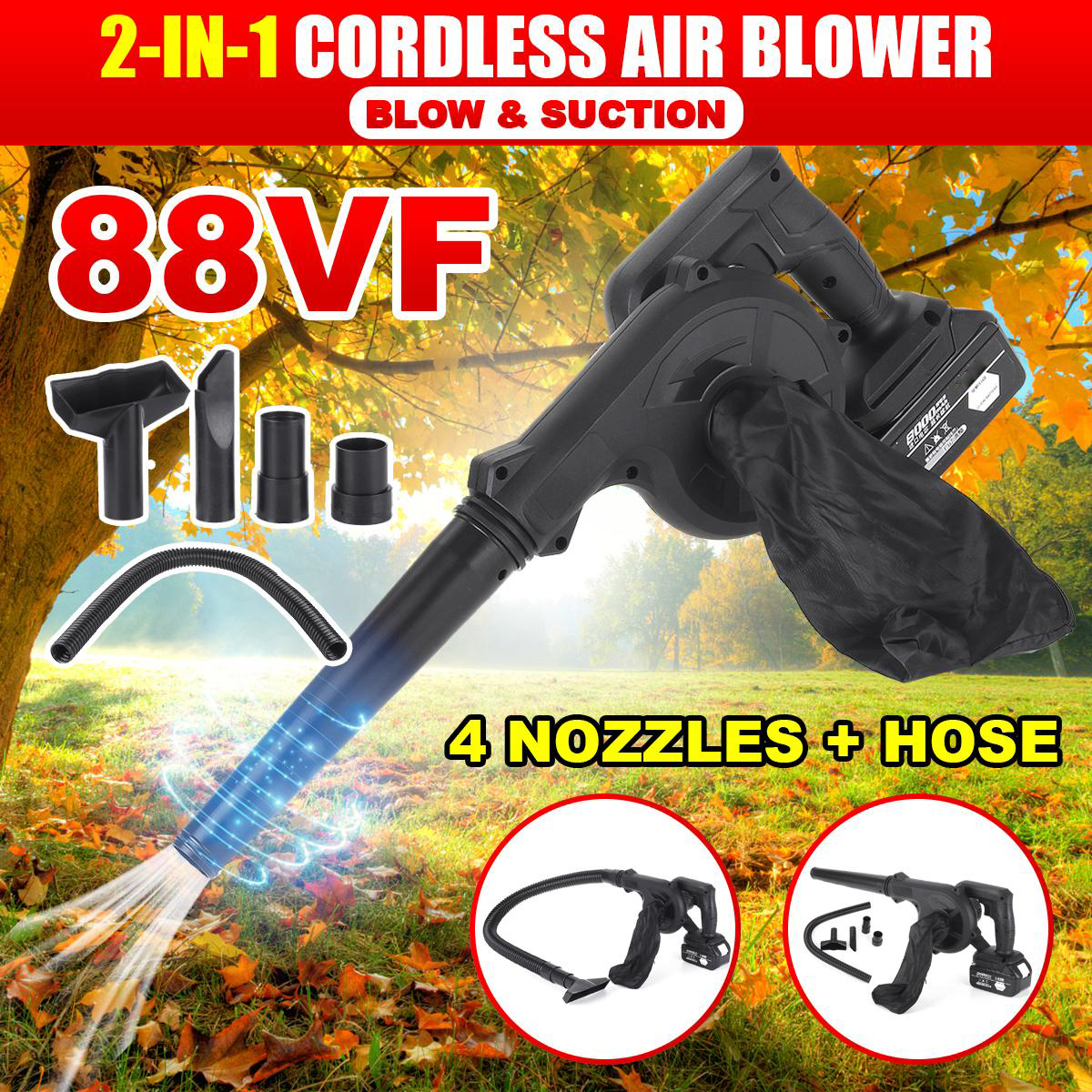 2 in 1 Cordless Electric Air Blower Garden Leaf Dust Car Cleaner Tool W/ None/1/2pcs Battery Also for Makita 18V Battery