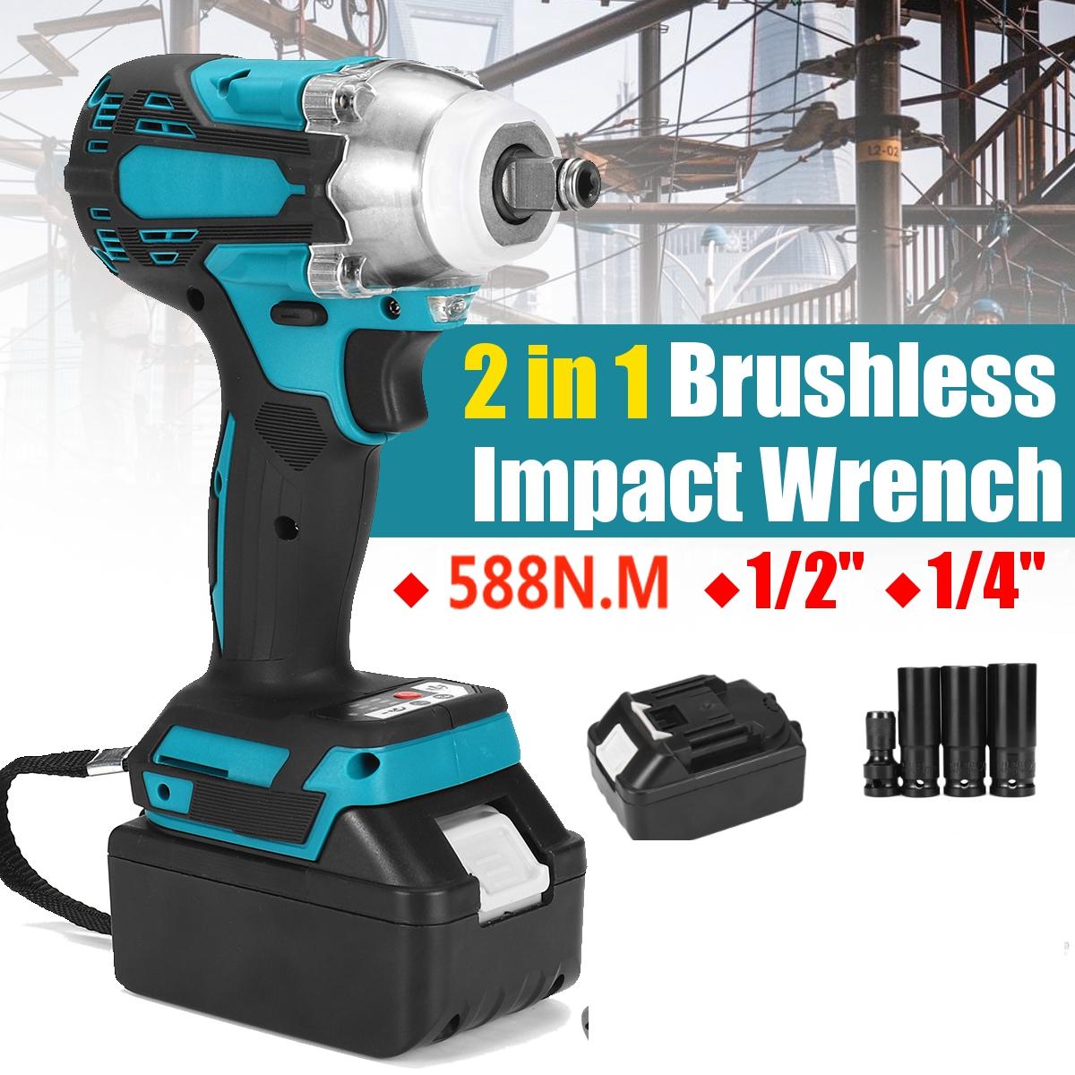 2 in1 18V 588N.m. Li-Ion Brushless Cordless Electric 1/2 Wrench 1/4 Screwdriver Drill