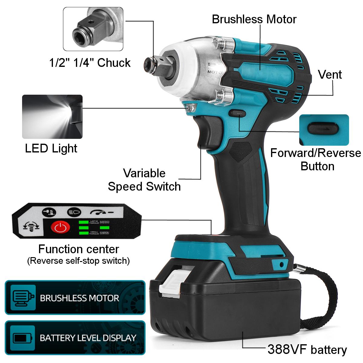 2 in1 18V 588N.m. Li-Ion Brushless Cordless Electric 1/2 Wrench 1/4 Screwdriver Drill