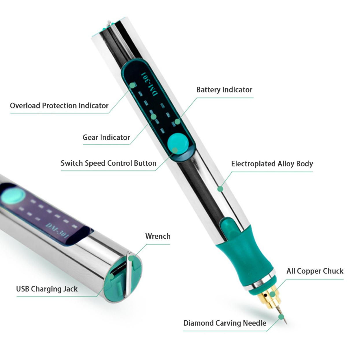 25000RPM Portable Mini Electric Grinder 3 Gears Carving Rotary Pen Drill Engraving Grinding Tool W/ Battery Indicator
