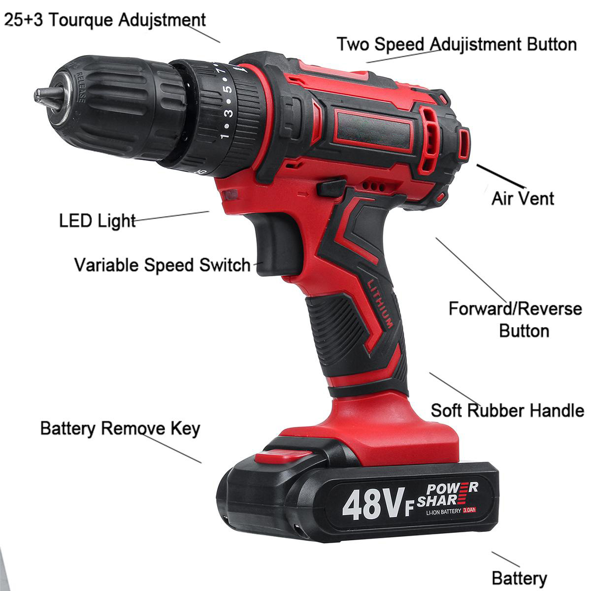 48VF Cordless Electric Impact Drill Rechargeable Drill Screwdriver W/ 1 or 2 Li-ion Battery