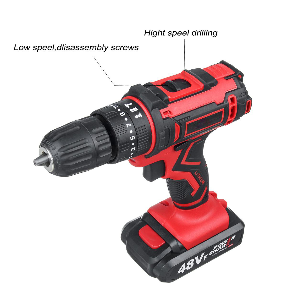 48VF Cordless Electric Impact Drill Rechargeable Drill Screwdriver W/ 1 or 2 Li-ion Battery