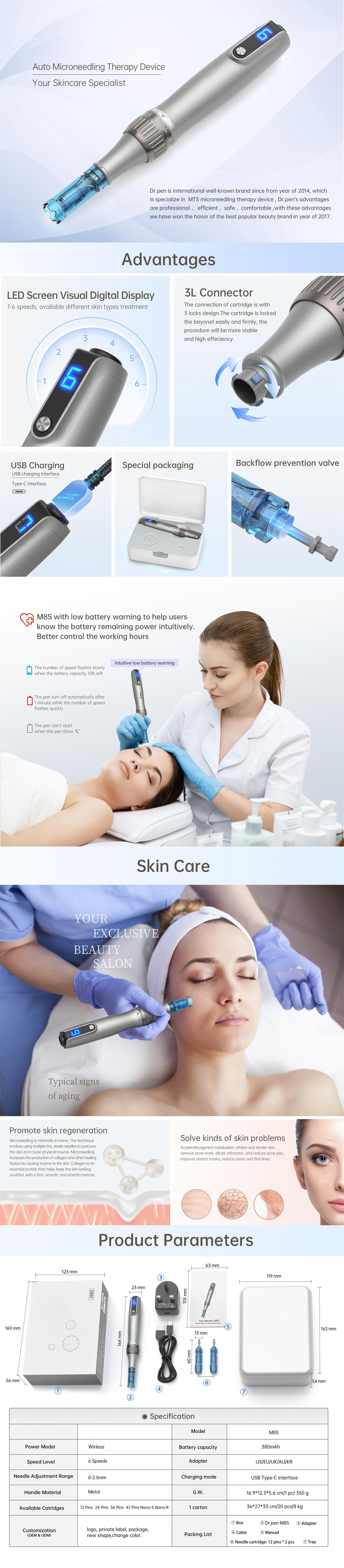 M8S Microneedling Pen Kit Wireless & Wired Modes Adjustable 0-2.5mm Needle Depth